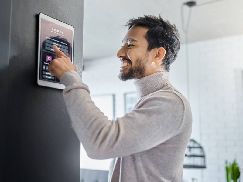 smart-home-technology-wall-system-or-man-with-digital-dashboard-screen-for-room-lighting-safety-s